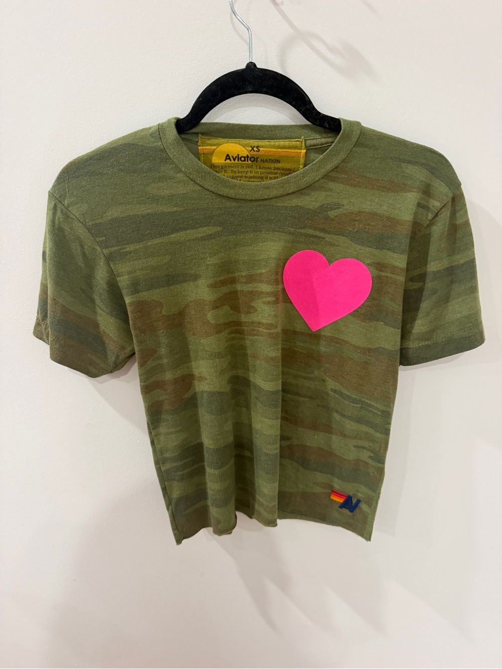 Aviator Nation Heart Print Boyfriend Tee Camo Neon Pink XS